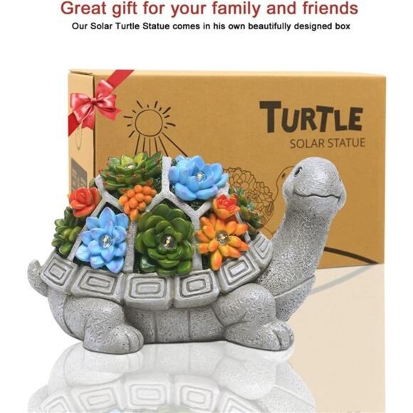 Solar Garden Statue Turtle Figurine with Succulent and 7 LED Lights - Lawn Decor - Picture 3 of 6